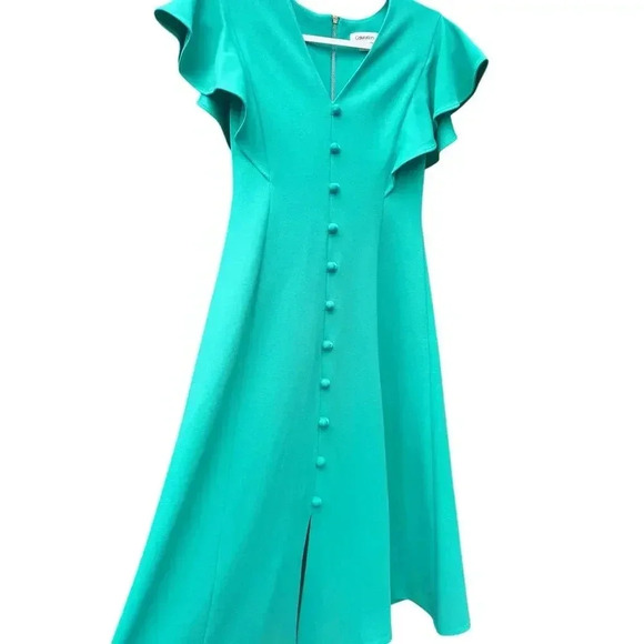 Calvin Klein Women's Flutter Sleeve V-Neck Midi with Button Front Detail Dress - Picture 3 of 8